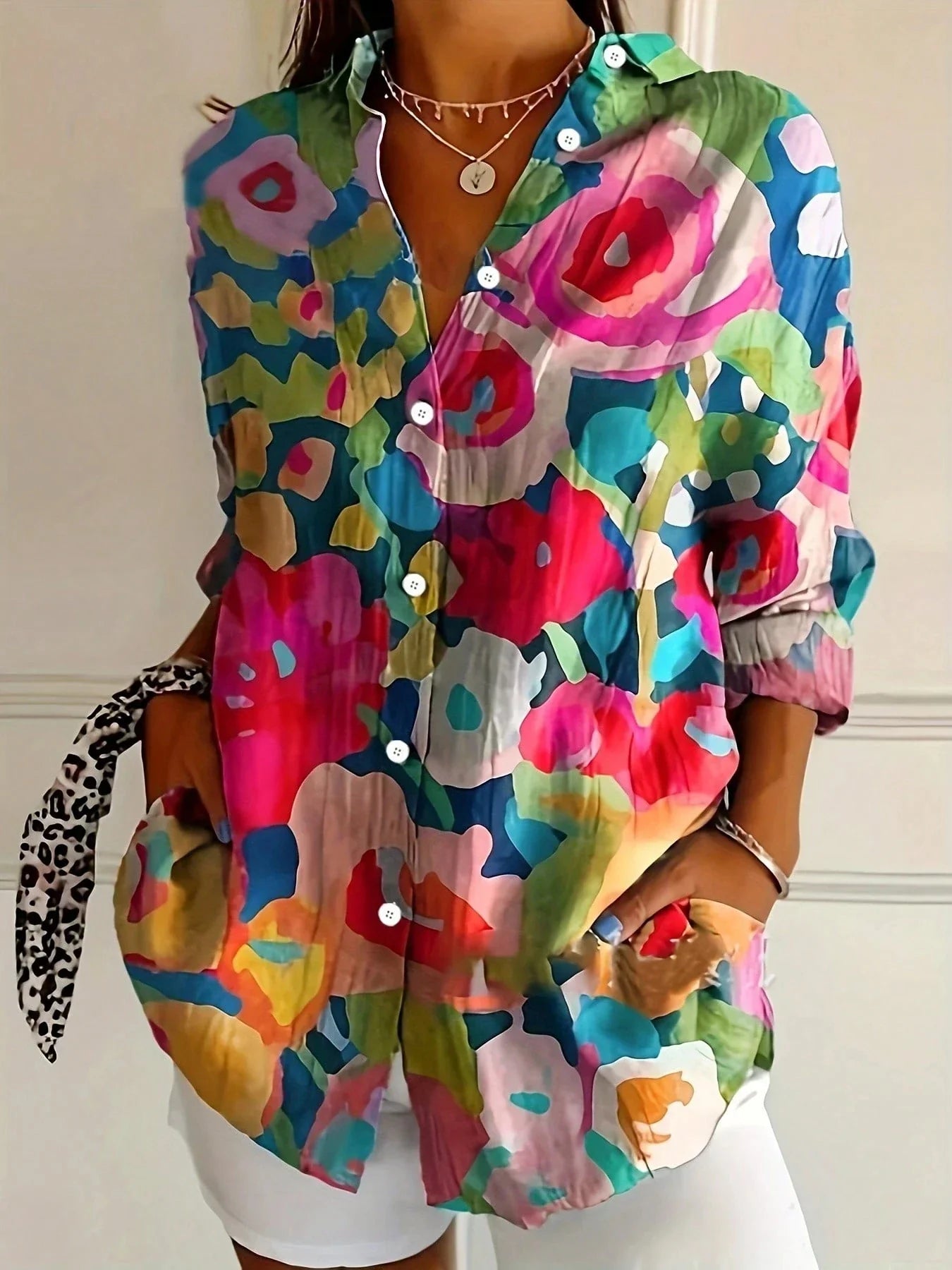 Women's Floral Print Blouse | Button-Down Rolled Sleeve-5