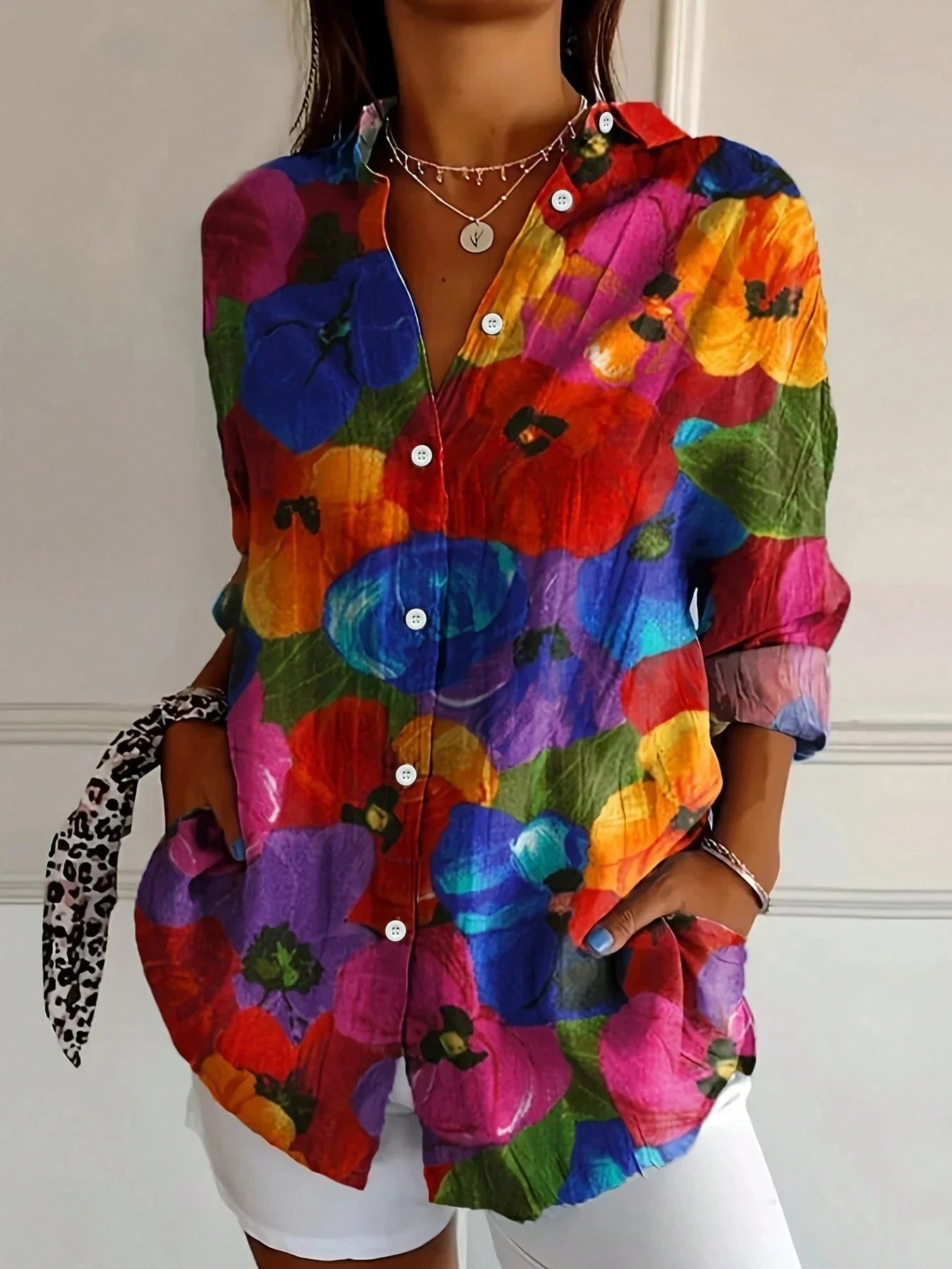 Women's Floral Print Blouse | Button-Down Rolled Sleeve-6