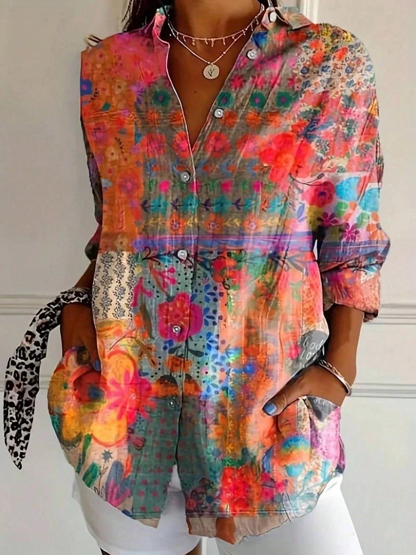 Women's Floral Print Blouse | Button-Down Rolled Sleeve-2
