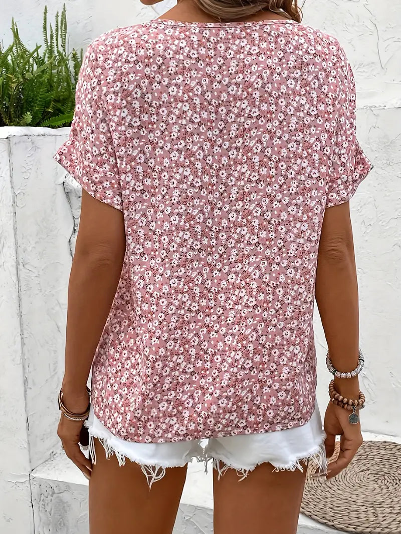 Women's Floral Print Blouse | Button Front Short Sleeve-2