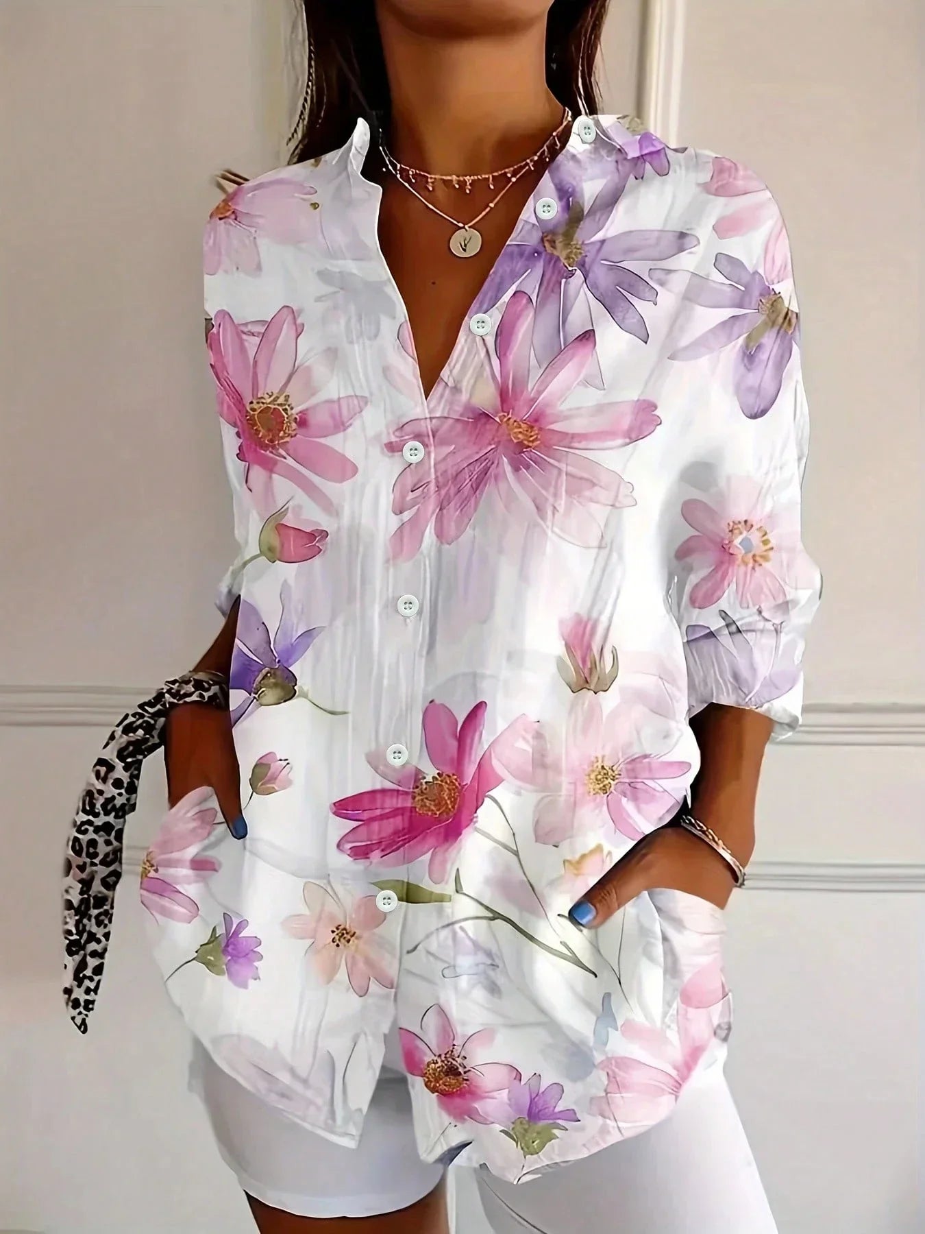 Women's Floral Print Blouse | Button-Down Rolled Sleeve-4
