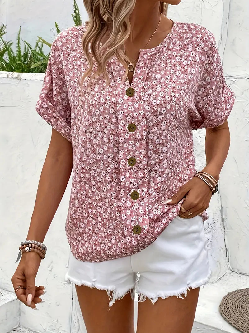Women's Floral Print Blouse | Button Front Short Sleeve-3