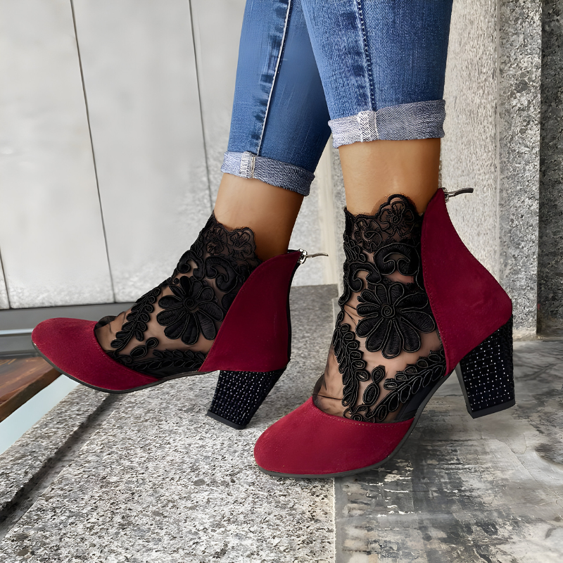 Women's Lace Block Heel Boots | Evening Party-7