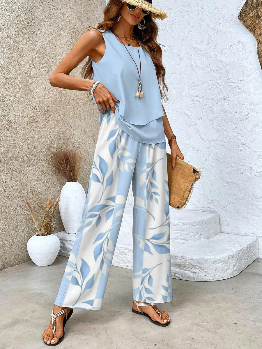 Women's Layered Tank Top Wide Leg Pants Set | Leaf Print-7