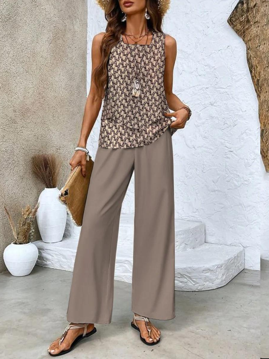 Women's Layered Tank Top Wide Leg Pants Set | Leaf Print-3