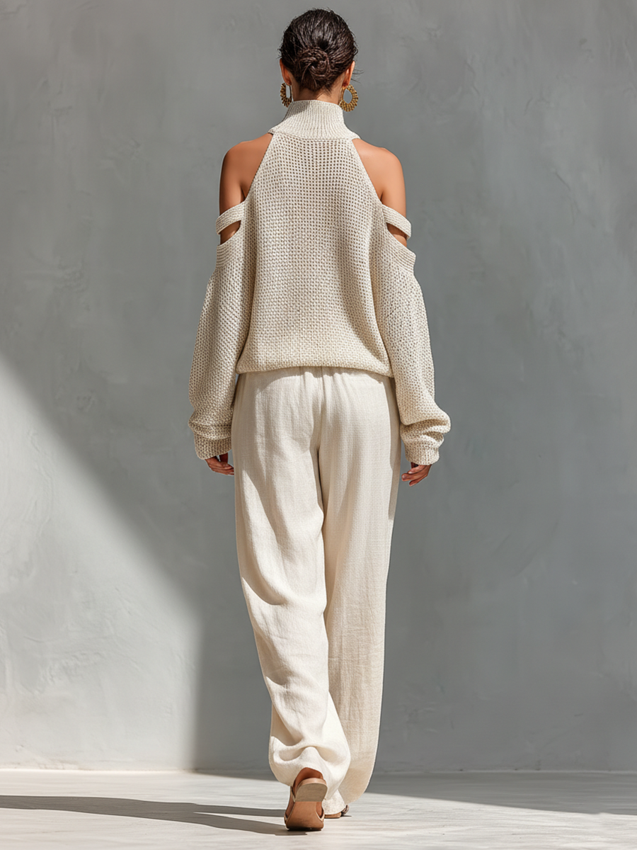 Women's Casual Wide Leg Pant Set | Cold Shoulder-2
