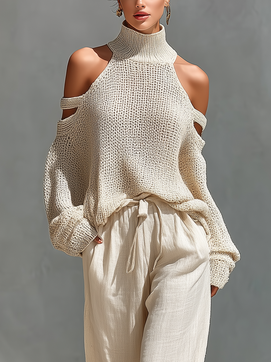 Women's Casual Wide Leg Pant Set | Cold Shoulder-5