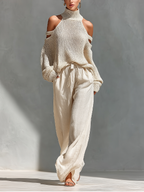 Women's Casual Wide Leg Pant Set | Cold Shoulder-1