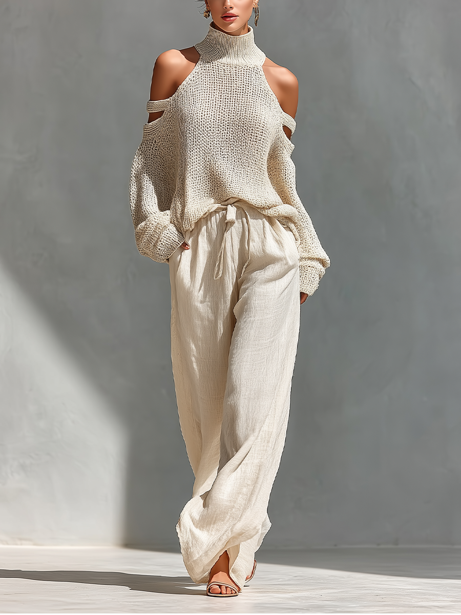 Women's Casual Wide Leg Pant Set | Cold Shoulder-1