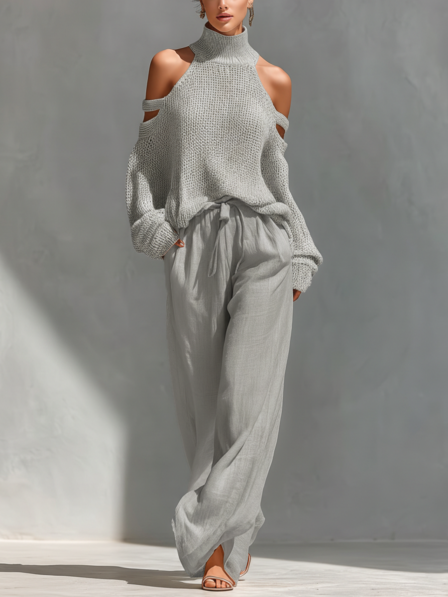 Women's Casual Wide Leg Pant Set | Cold Shoulder-3
