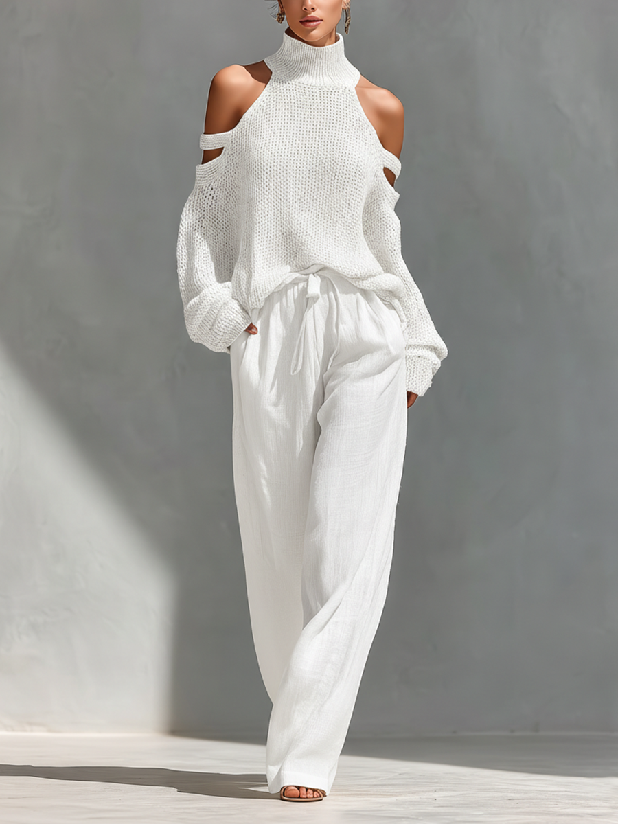 Women's Casual Wide Leg Pant Set | Cold Shoulder-4