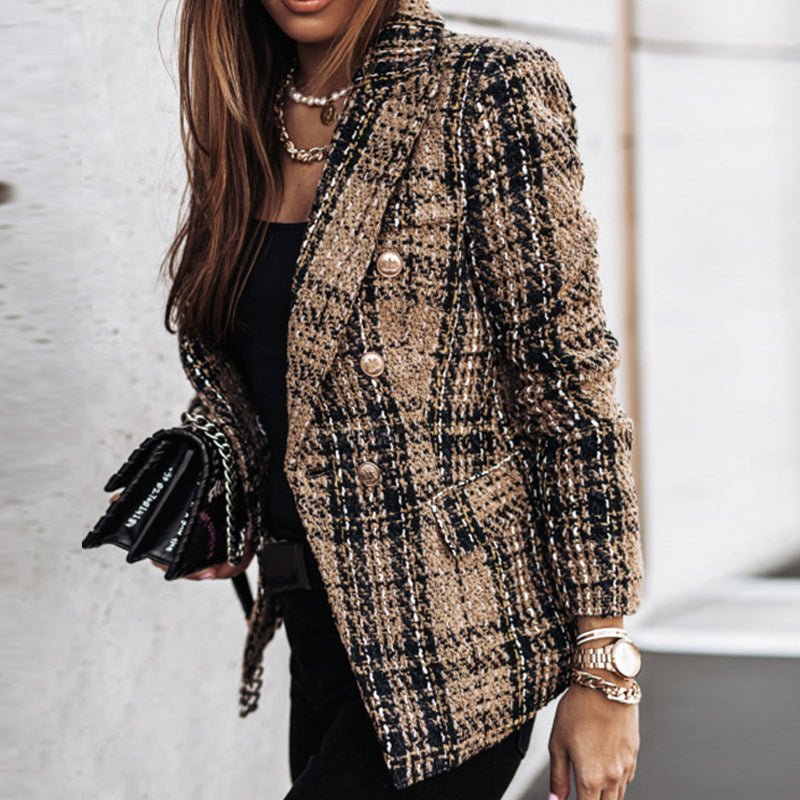 Women's Plaid Tweed Blazer | Double Breasted-3
