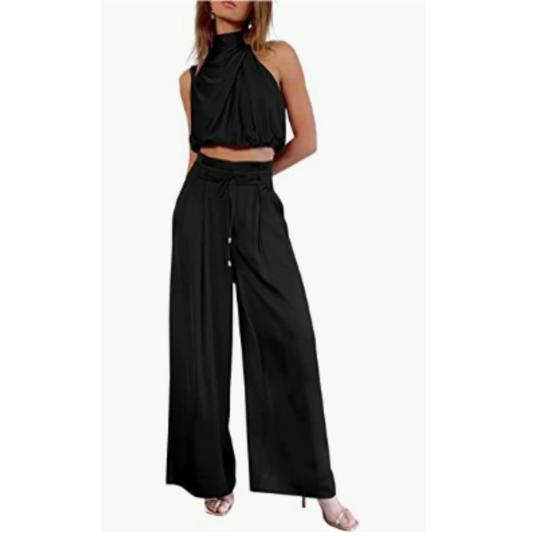 Women's Wide Leg Pants Set | Pleated Halter Top-3
