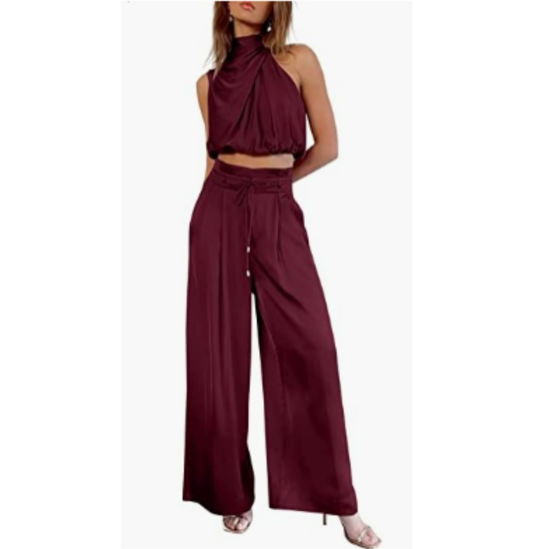 Women's Wide Leg Pants Set | Pleated Halter Top-2