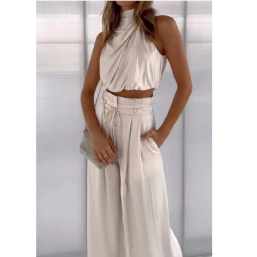 Women's Wide Leg Pants Set | Pleated Halter Top-1