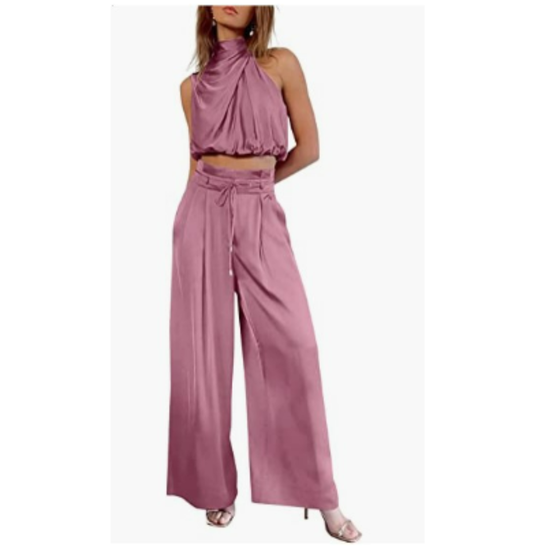 Women's Wide Leg Pants Set | Pleated Halter Top-4