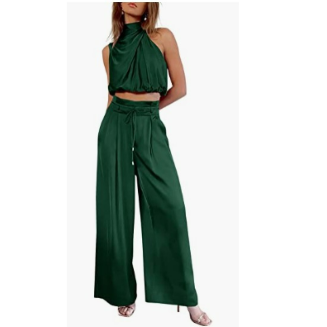 Women's Wide Leg Pants Set | Pleated Halter Top-6