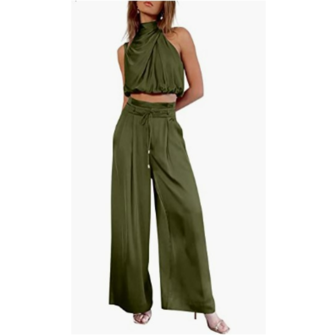 Women's Wide Leg Pants Set | Pleated Halter Top-7