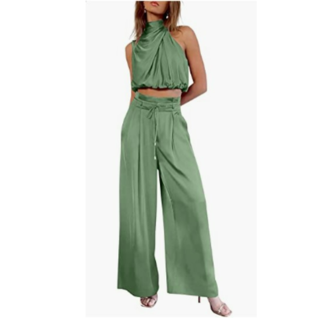 Women's Wide Leg Pants Set | Pleated Halter Top-5