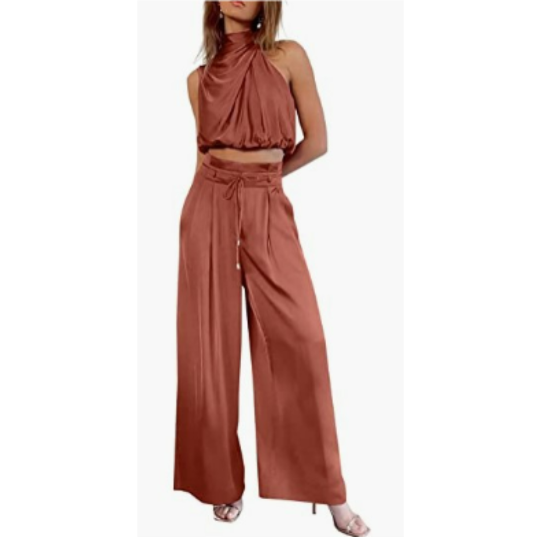 Women's Wide Leg Pants Set | Pleated Halter Top-8