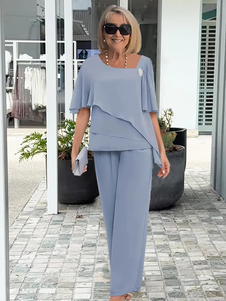 Women's Chiffon Pant Set | Layered Blouse Two Piece-1
