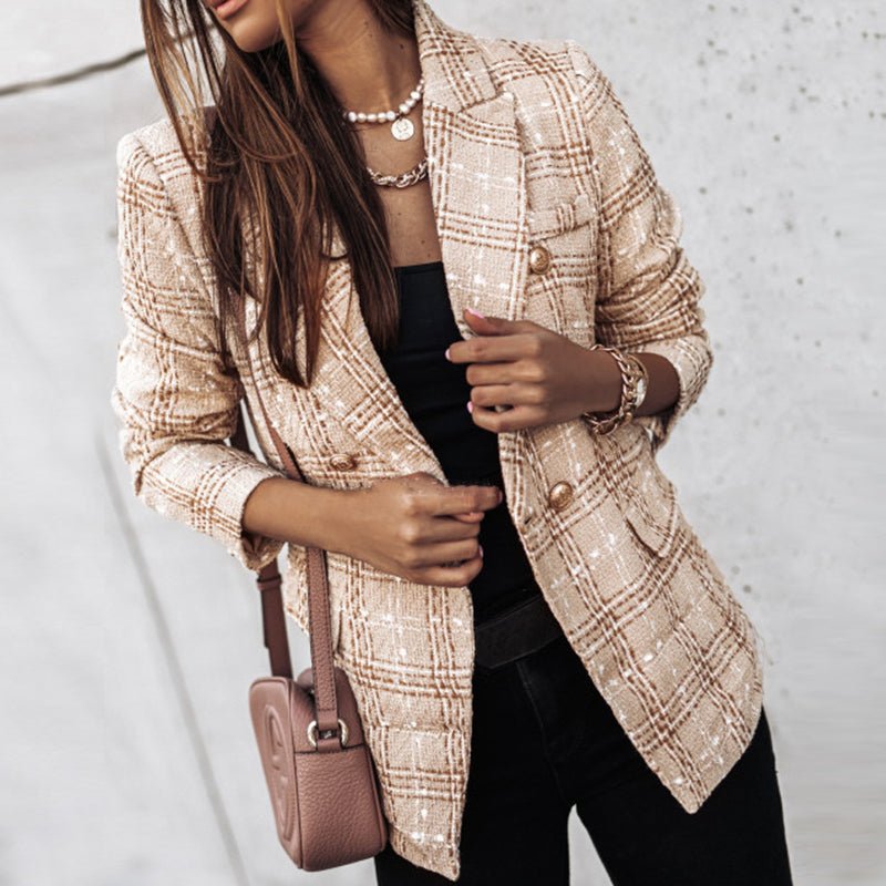 Women's Plaid Tweed Blazer | Double Breasted-2