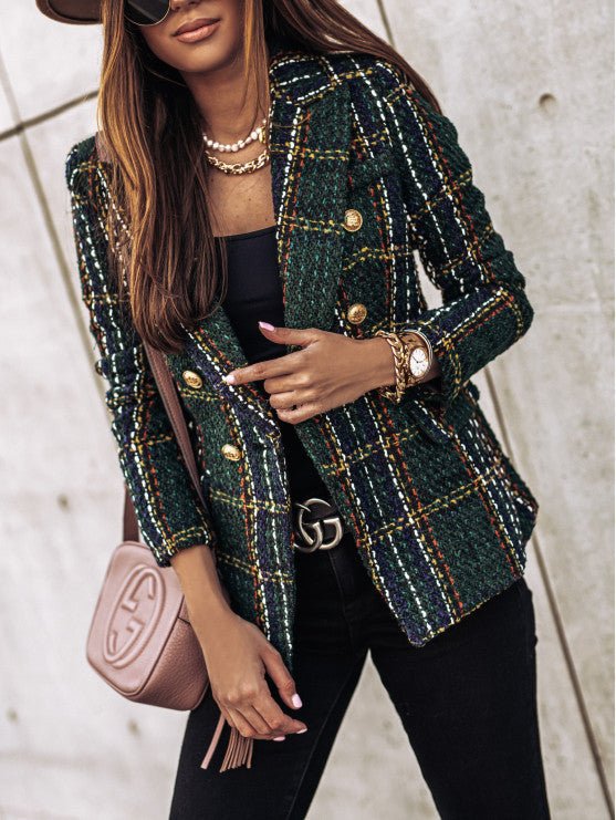 Women's Plaid Tweed Blazer | Double Breasted-5