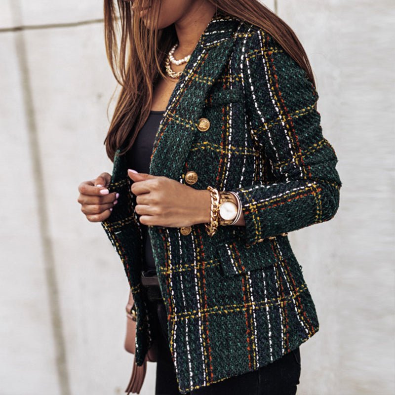 Women's Plaid Tweed Blazer | Double Breasted-1