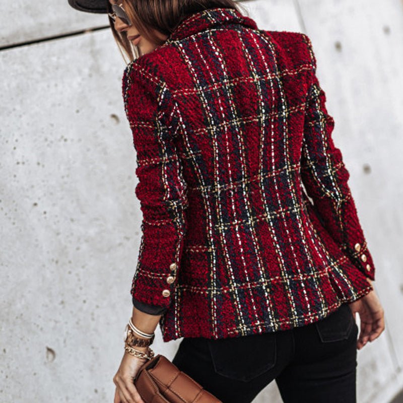 Women's Plaid Tweed Blazer | Double Breasted-6