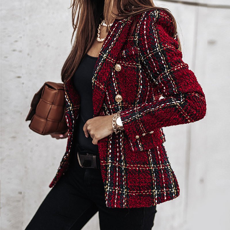 Women's Plaid Tweed Blazer | Double Breasted-4
