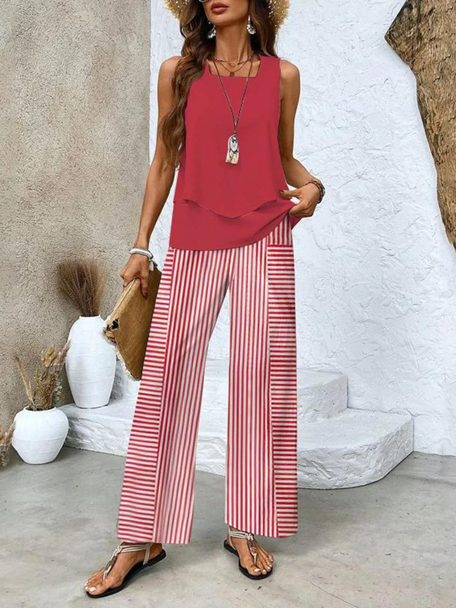 Women's Layered Tank Top Wide Leg Pants Set | Leaf Print-4