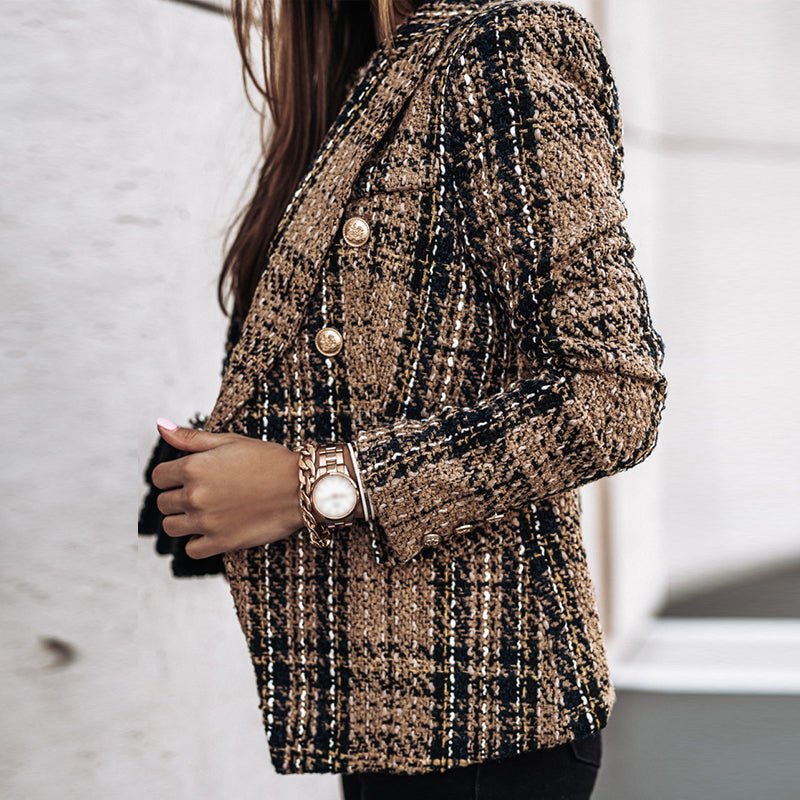 Women's Plaid Tweed Blazer | Double Breasted-7