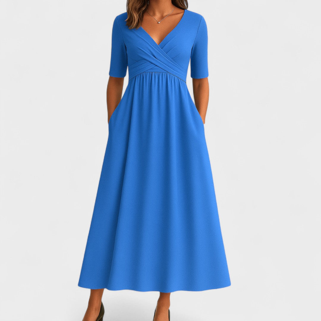 Women's Wrap V-Neck Midi Dress | Short Sleeve Pockets-6