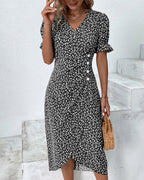 Women's Floral Wrap Midi Dress | V-Neck Ruffle Sleeve-3