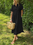 Women's Striped Midi Dress | Button-Down Short Sleeve-3