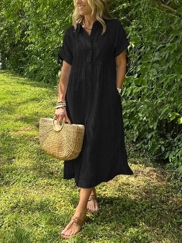 Women's Striped Midi Dress | Button-Down Short Sleeve-3