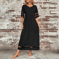 Women's Sheer Sleeve Maxi Dress | Black Pocket A-Line-5