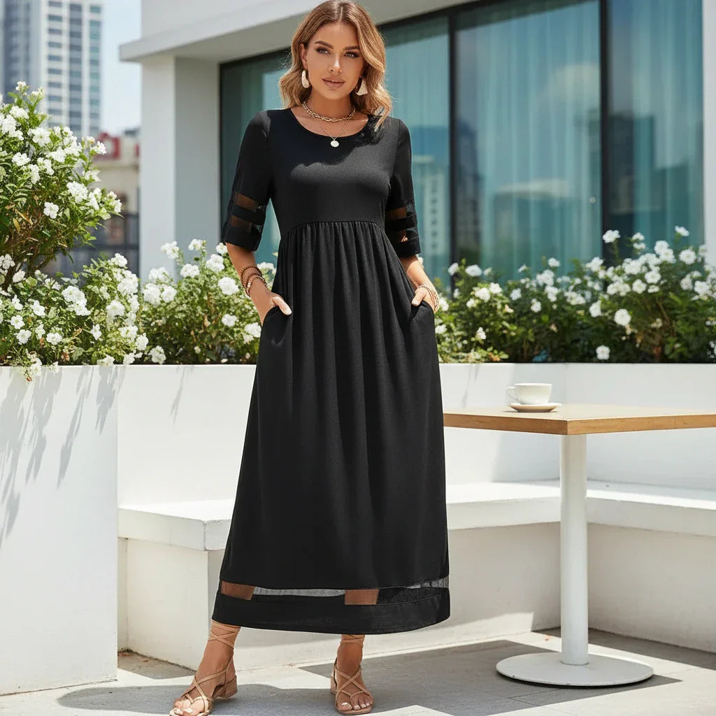 Women's Sheer Sleeve Maxi Dress | Black Pocket A-Line-1