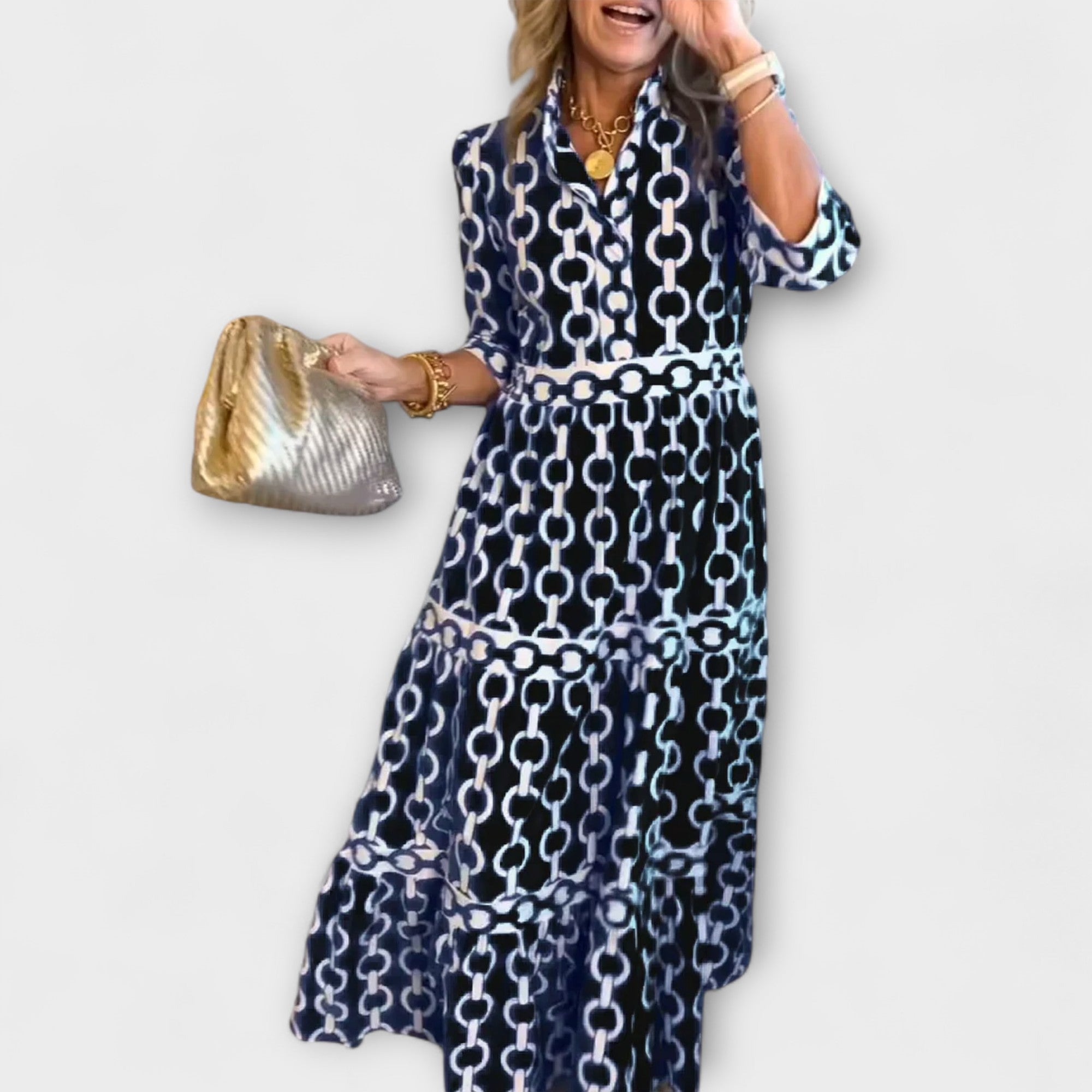 Women's Chain Print Maxi Dress | Tiered V-Neck-2