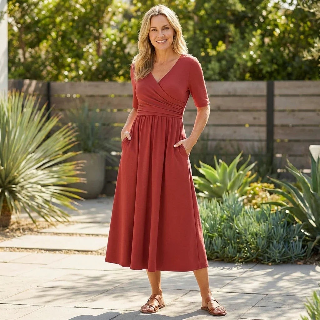 Women's Wrap V-Neck Midi Dress | Short Sleeve Pockets-2