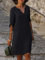 Women's V-Neck Shift Dress | Half Sleeve Knee Length-2