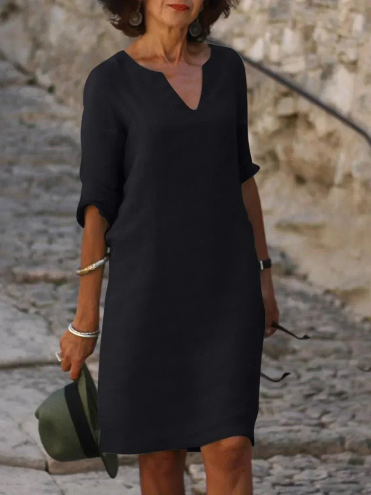Women's V-Neck Shift Dress | Half Sleeve Knee Length-2