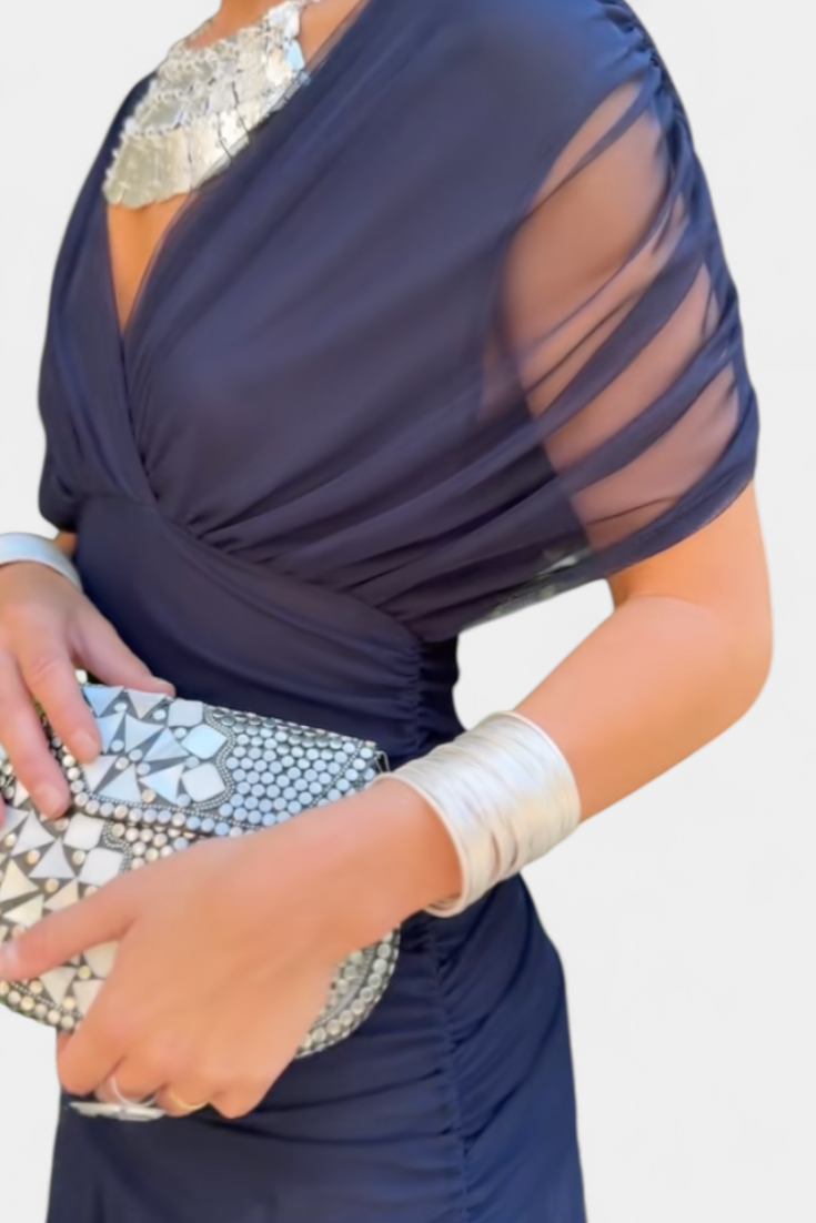 Women's Off Shoulder Ruched Gown | V Neck Maxi-17