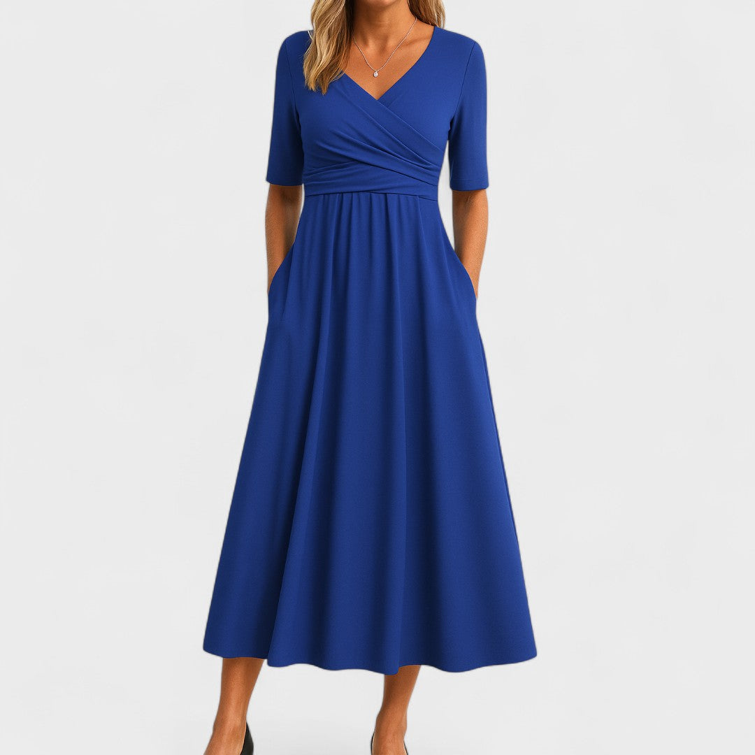 Women's Wrap V-Neck Midi Dress | Short Sleeve Pockets-5
