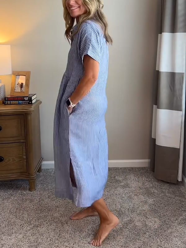 Women's Striped Midi Dress | Button-Down Short Sleeve-12