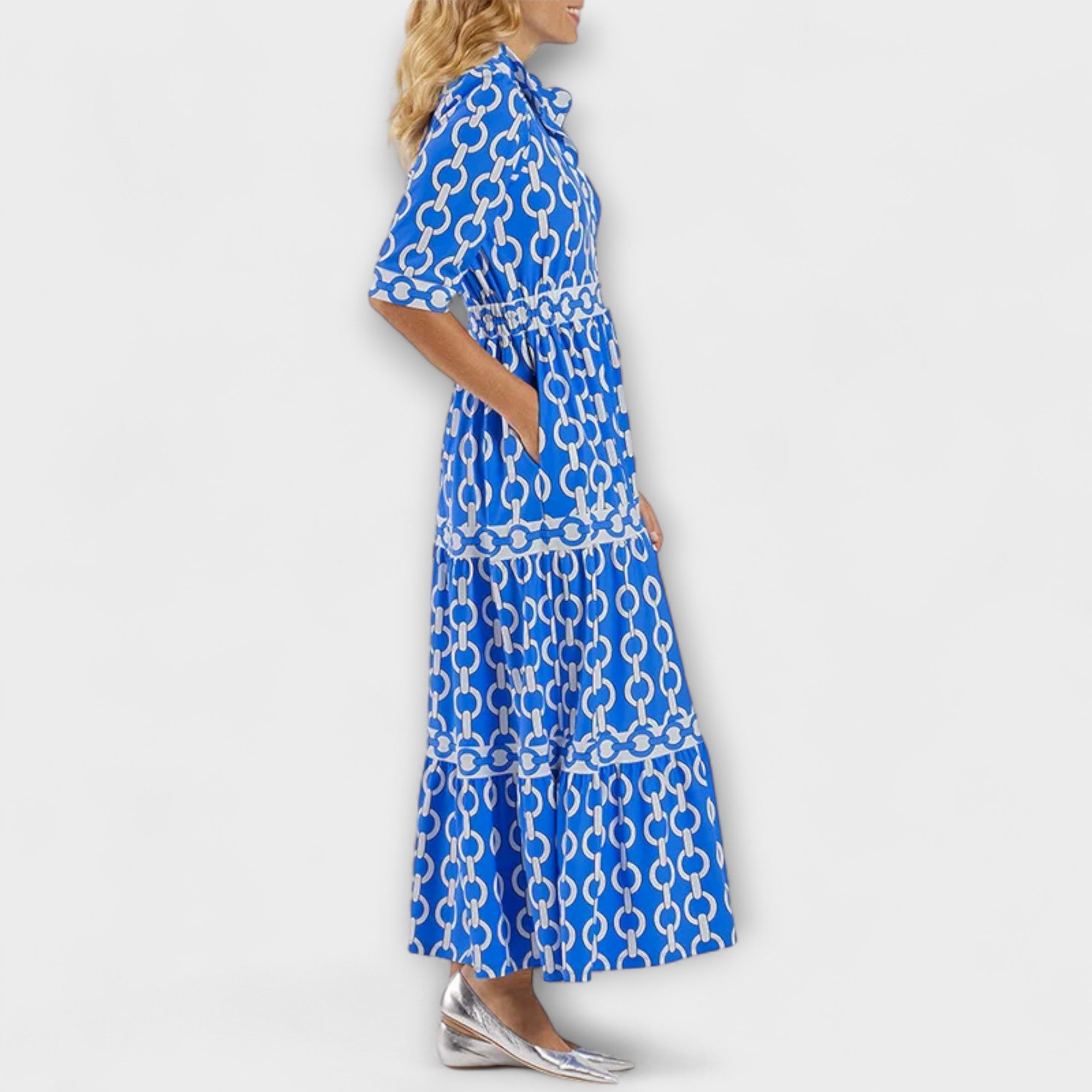 Women's Chain Print Maxi Dress | Tiered V-Neck-7