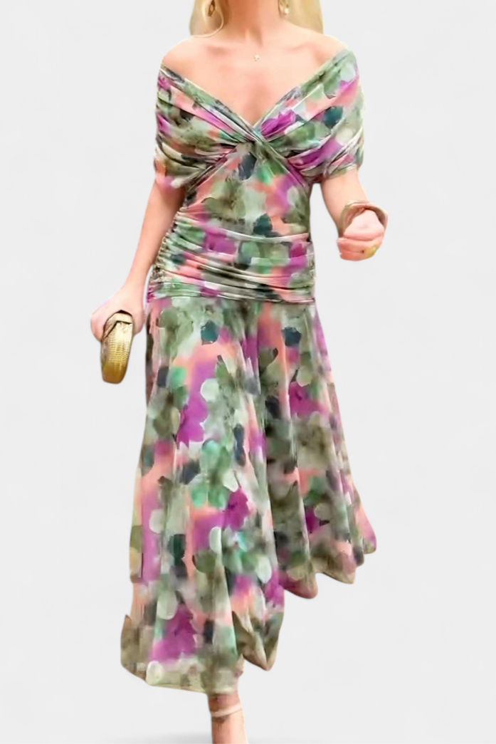 Women's Off Shoulder Ruched Gown | V Neck Maxi-8