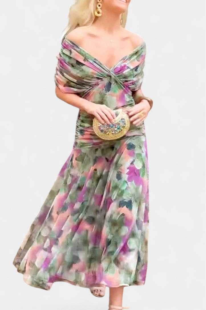 Women's Off Shoulder Ruched Gown | V Neck Maxi-9