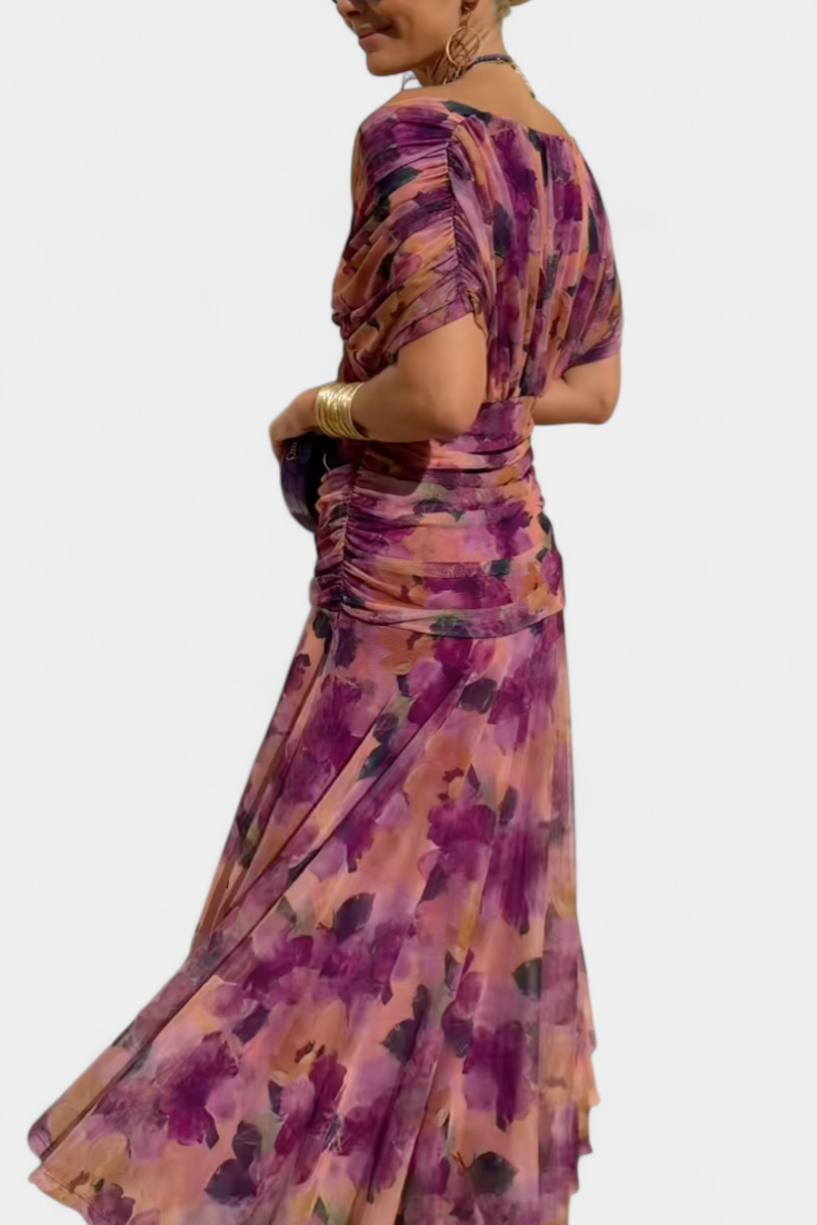 Women's Off Shoulder Ruched Gown | V Neck Maxi-12