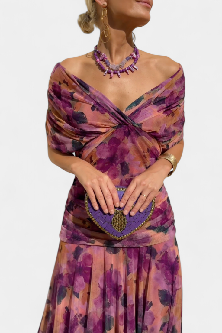 Women's Off Shoulder Ruched Gown | V Neck Maxi-13